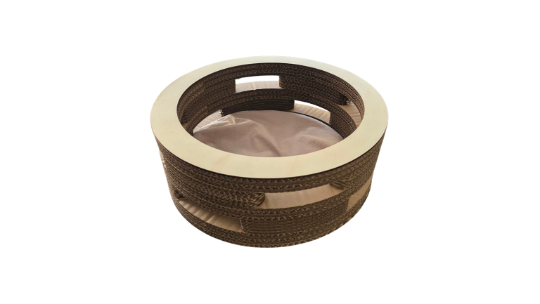 Rundes HexaKat Katzenbett Kolosseum aus Wellpappe mit Holzrand und Kissen